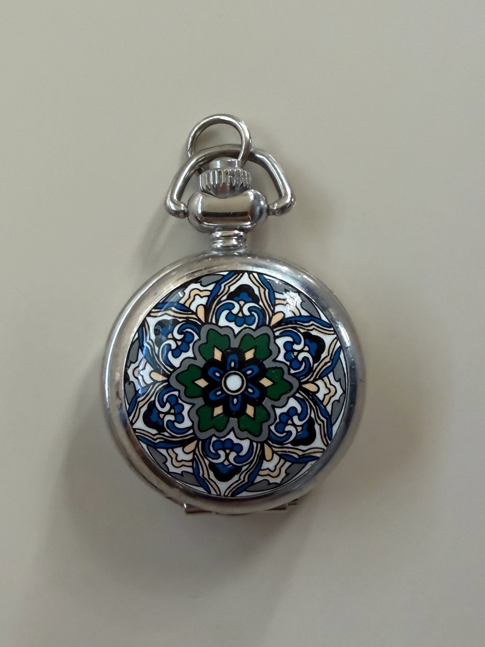 Silver Watch Locket Pendant with Blue & Green Enamel Mandala